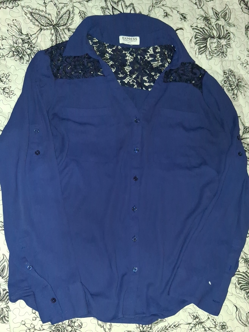 Express Royal Blue Button-Down Blouse with Lace Yoke
